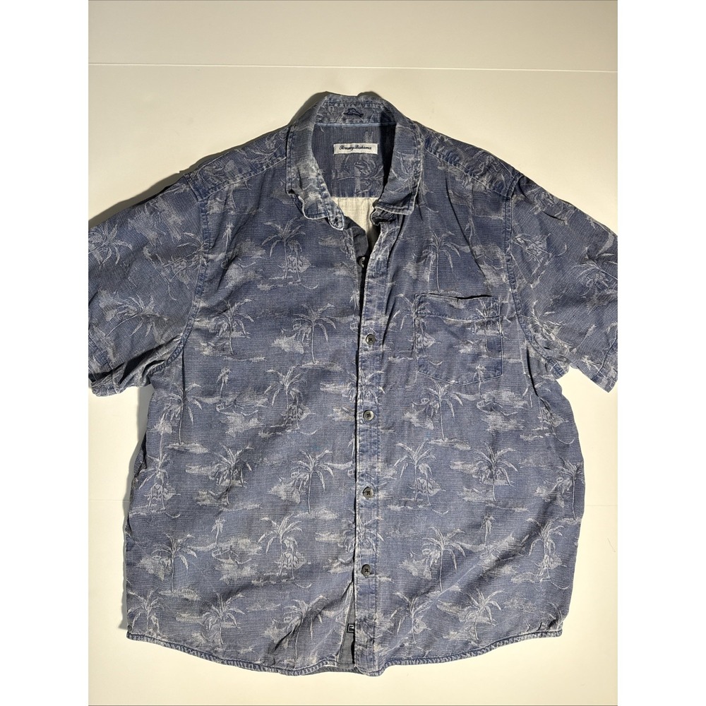 Tommy Bahama Shirt Men XL Blue Silk Jacquard Palm Tree Short Sleeve Button Down